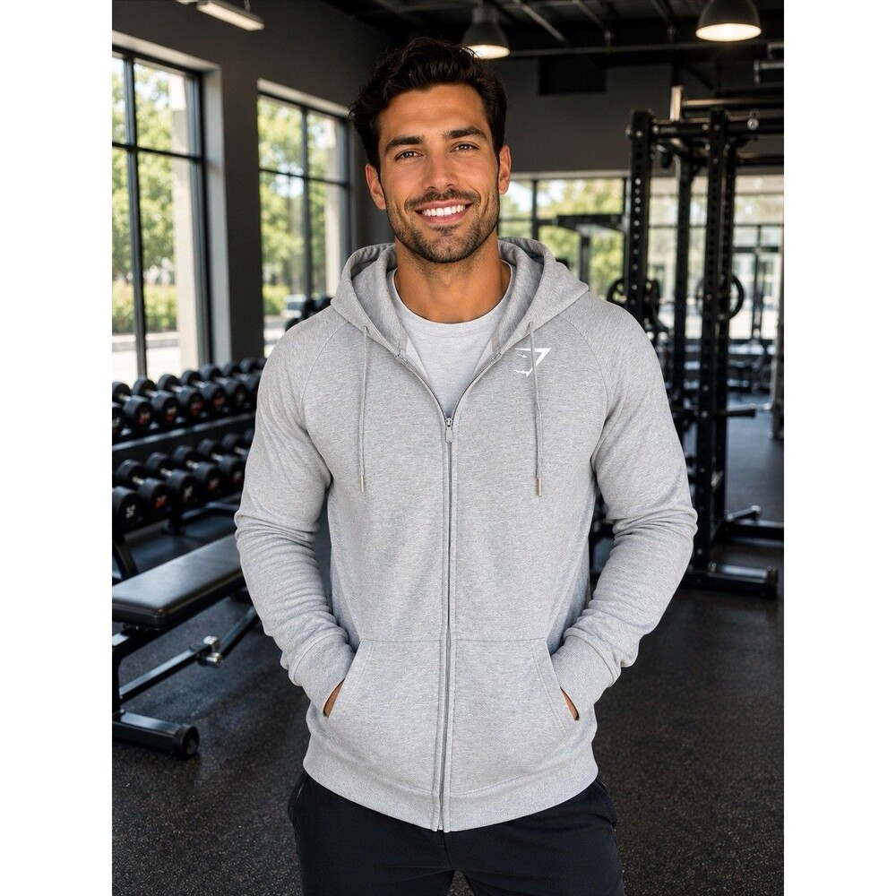 Gymshark Crest Zip Up Hoodie Light Gray L Long Sleeve Athleisure Gym Loungewear